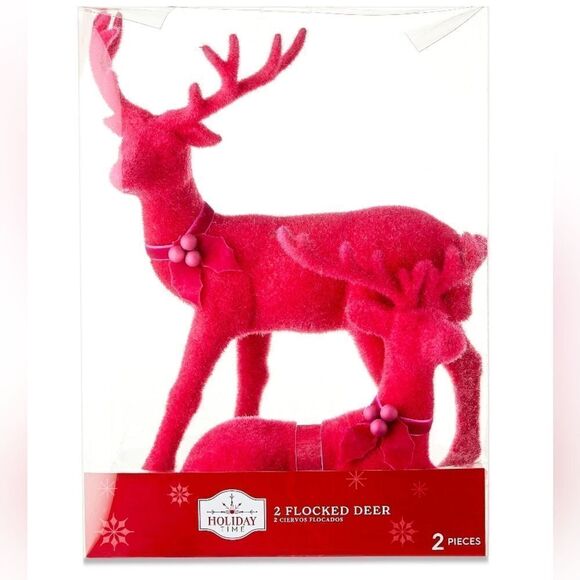 Nib Flocked Deer Christmas Tabletop Decorations, Pink, 12 inch, 2 Pack. - Picture 1 of 5